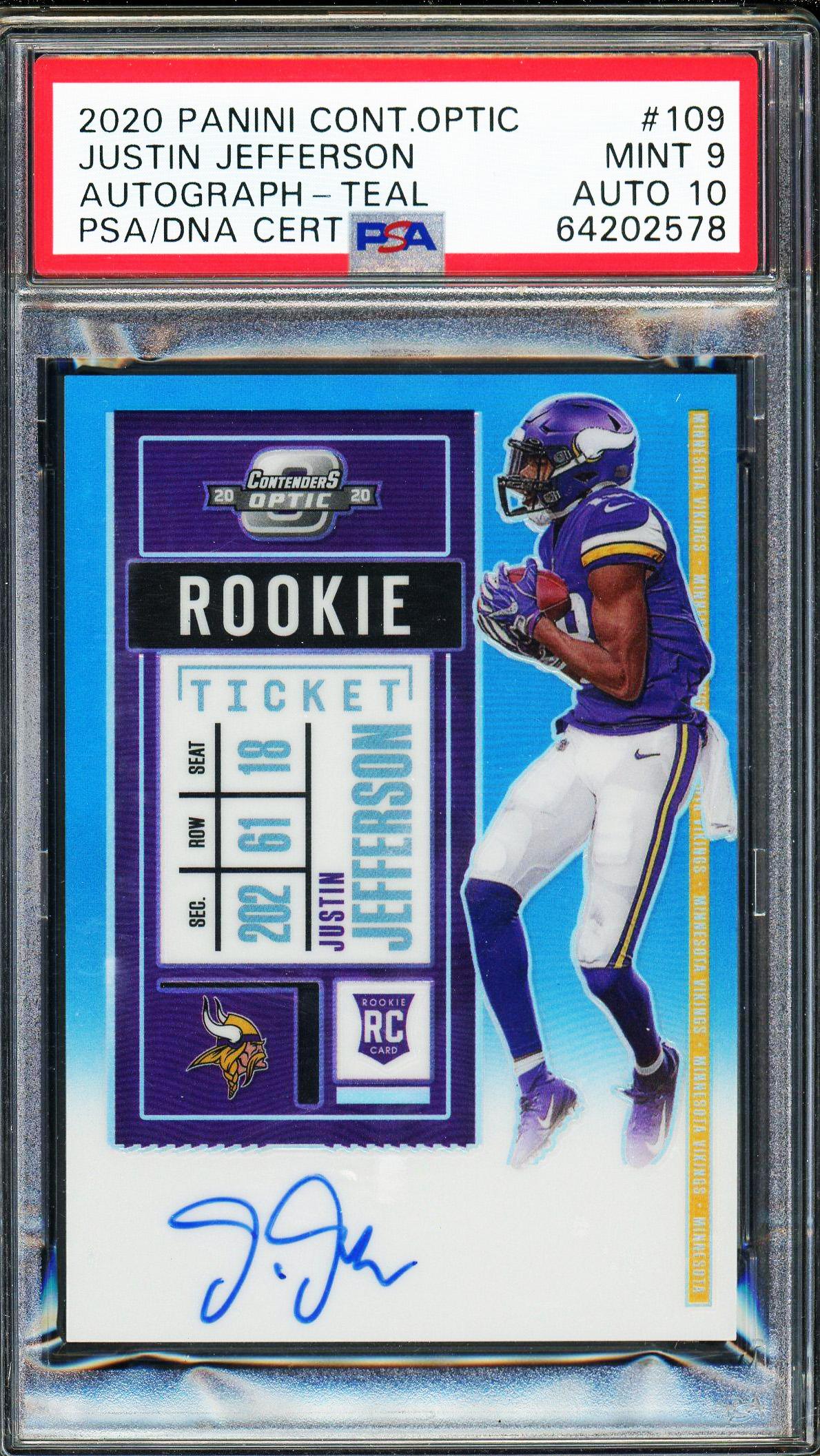 Justin Jefferson 2020 Panini Contenders Optic Teal Rookie Ticket Autograph Rookie Card 99/99! PSA 9 Auto 10 POP 18, None Higher! | Auction of Champions Justin Jefferson 2020 Panini Contenders Optic Teal Rookie Ticket Autograph Rookie Card 99/99! PSA 9 Auto 10 POP 18, None Higher! | Auction of Champions