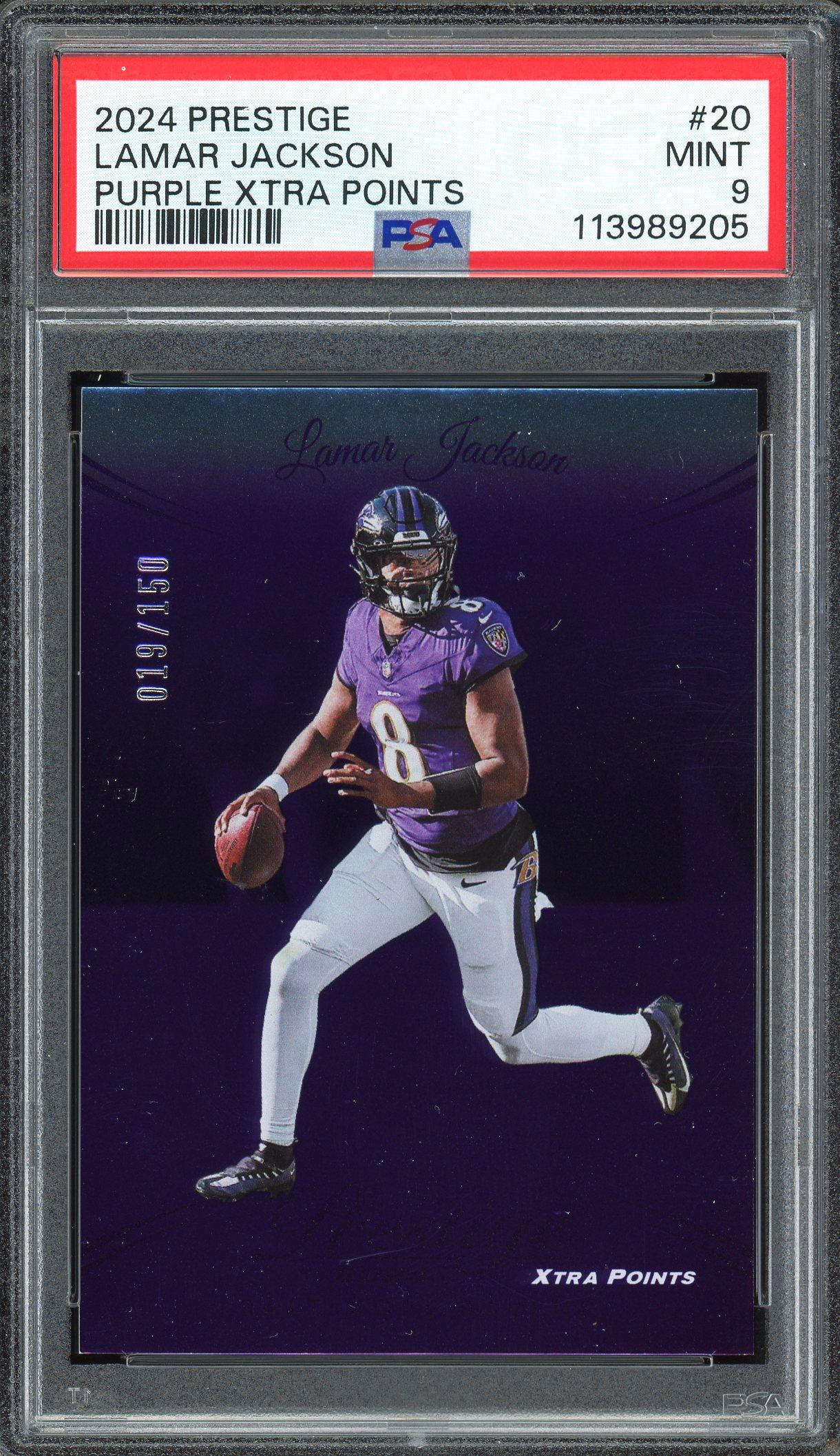 Lamar Jackson 2024 Panini Prestige Purple Xtra Points Card 19/150! PSA 9 | Auction of Champions Lamar Jackson 2024 Panini Prestige Purple Xtra Points Card 19/150! PSA 9 | Auction of Champions