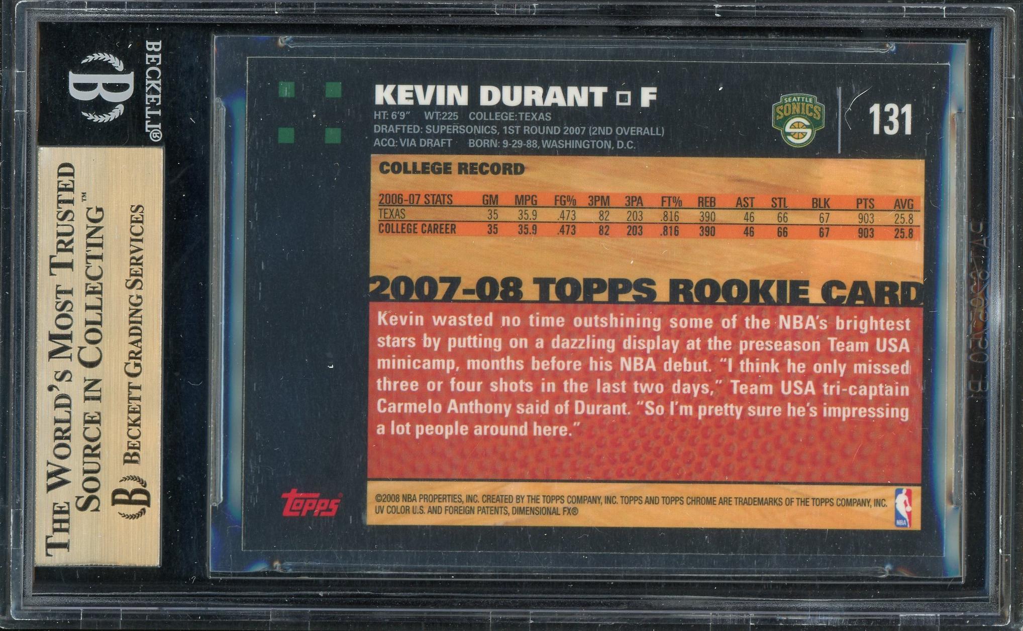 Kevin Durant 2007 Topps Chrome Rookie Card #131 BGS Gem Mint