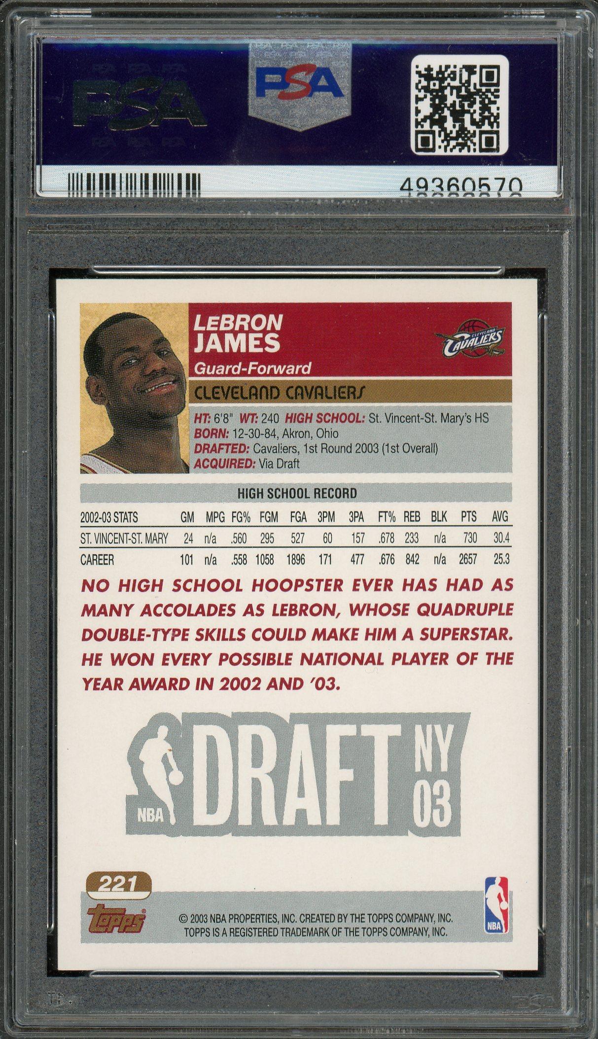NBAカード レブロンジェームズ 2003トップス ルーキー PSA9 NBAカード レブロンジェームズ 2003トップス ルーキー PSA9