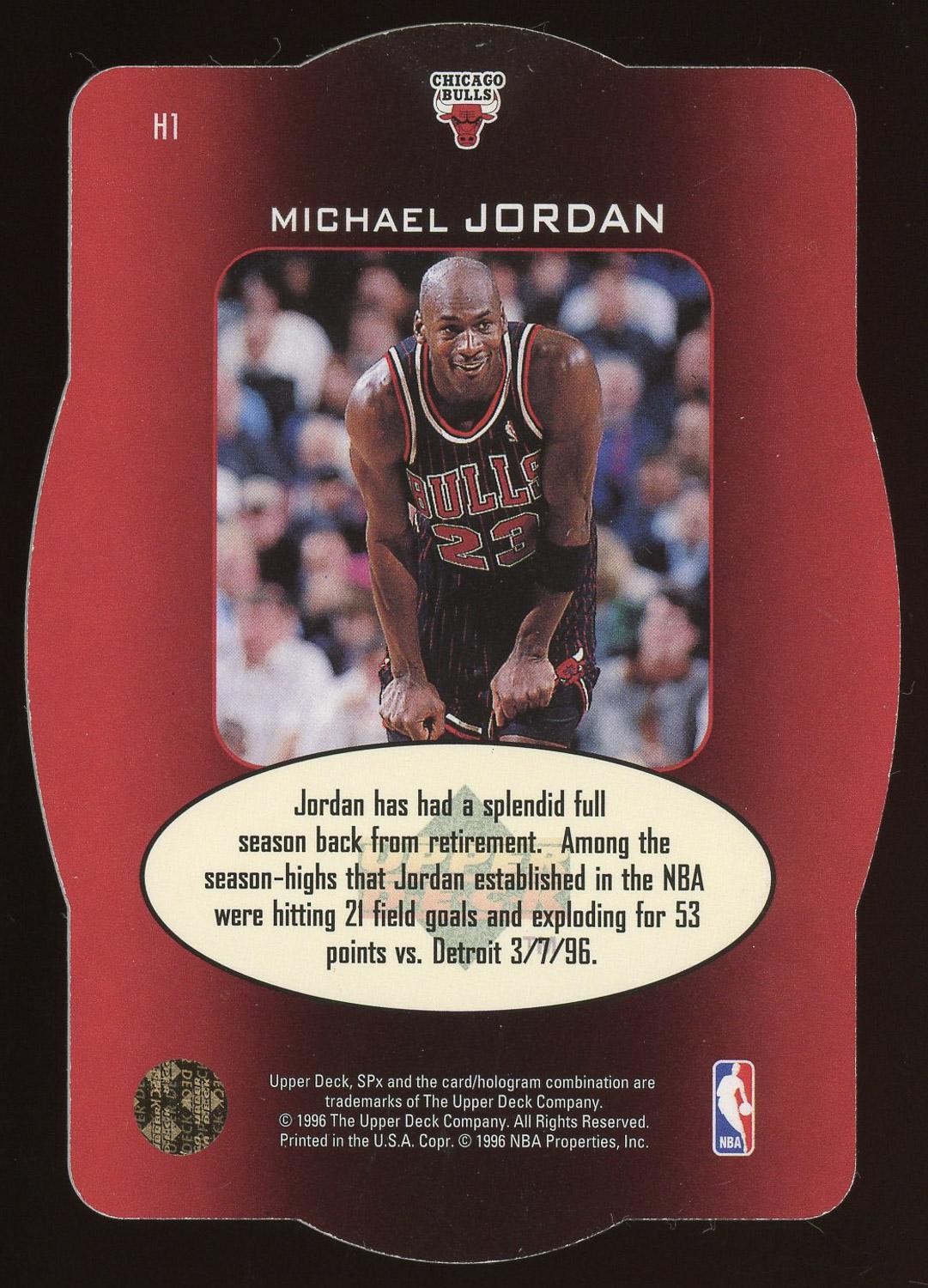 Michael Jordan 1996 Upper Deck SPx Holoview Heroes Die Cut Card