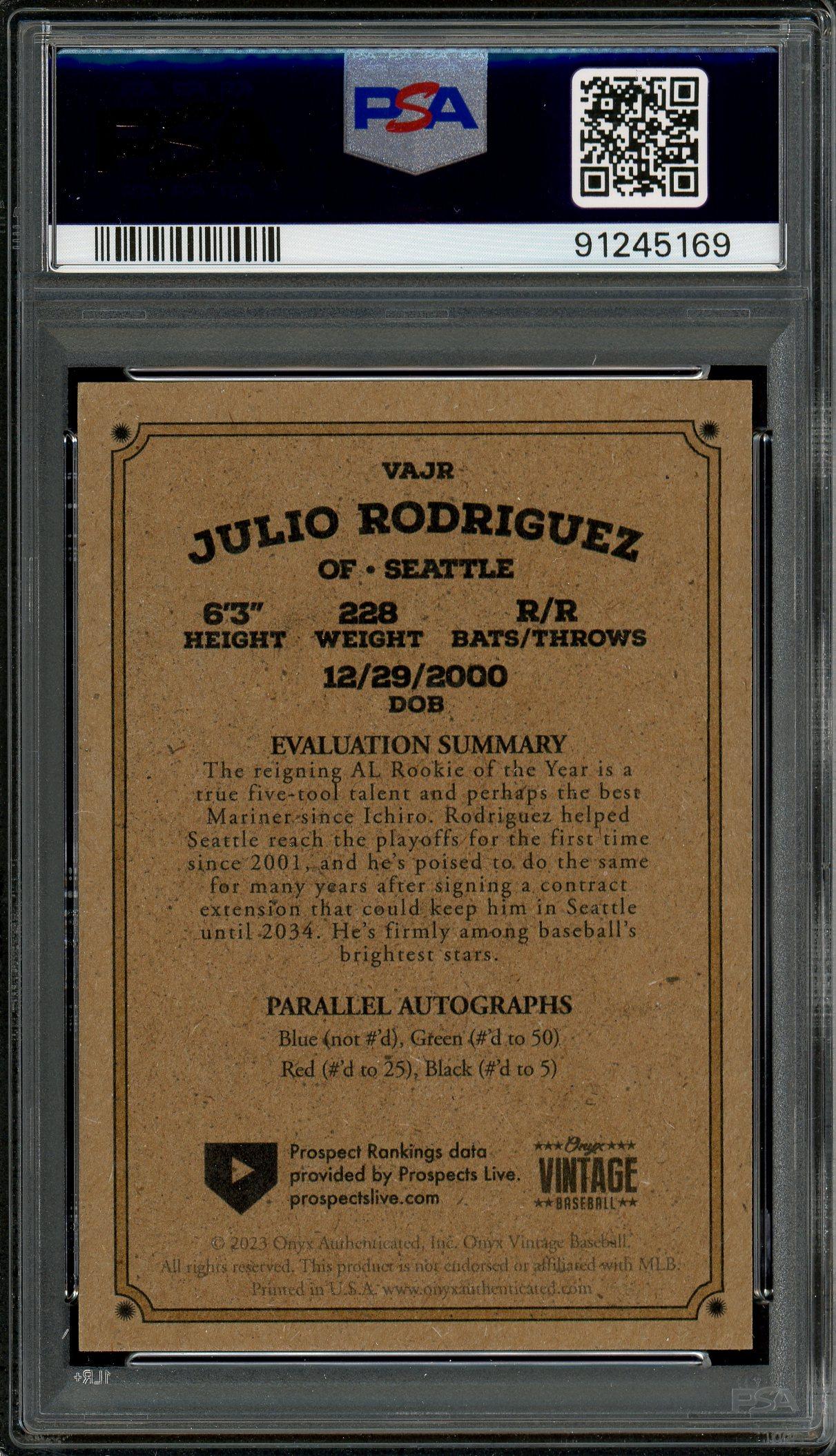 Julio Rodriguez Signed 2023 Onyx Vintage Blue Ink Autograph Card