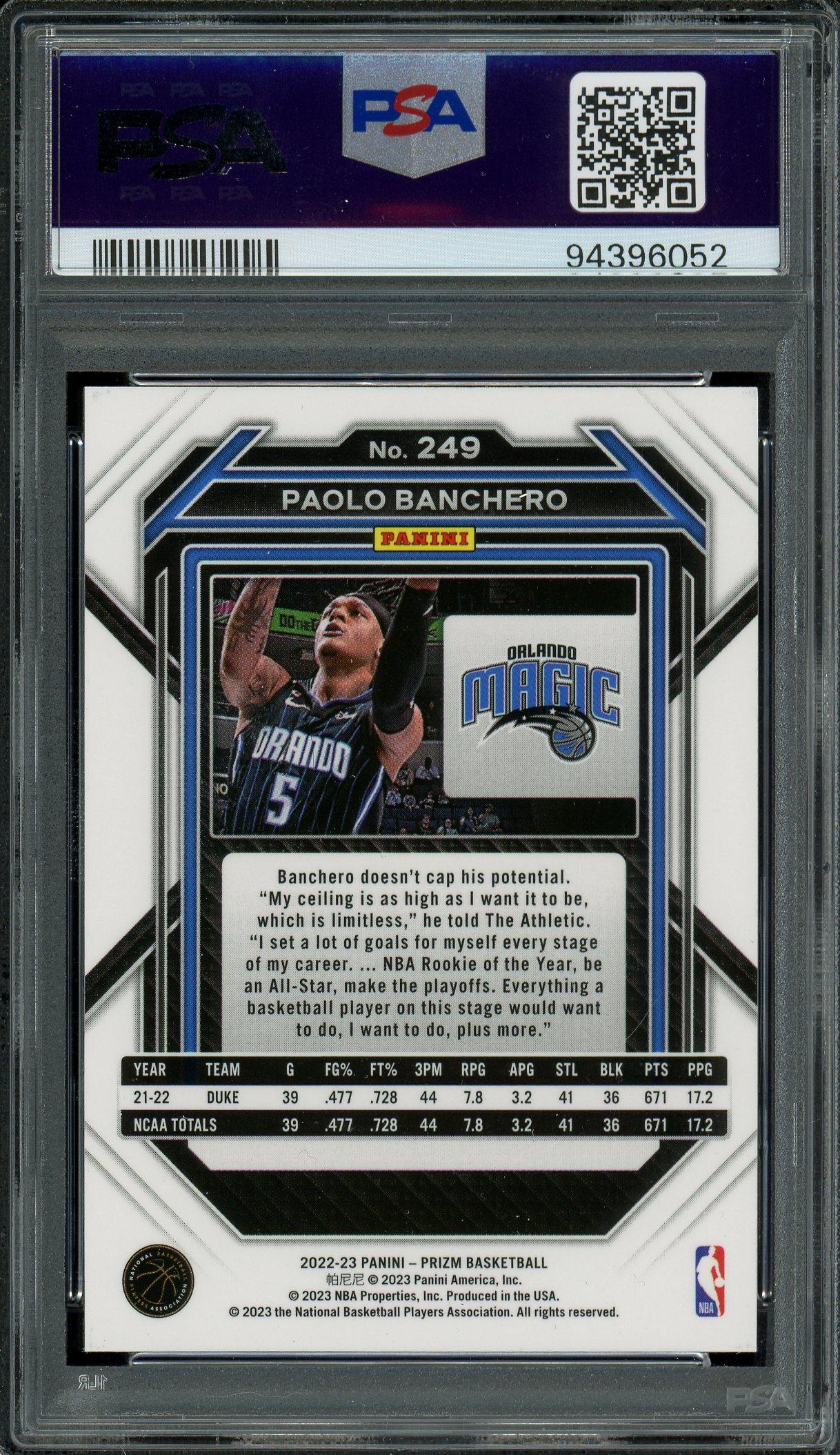 Paolo Banchero 2022 Panini Prizm Rookie Card #249 PSA Gem Mint 10