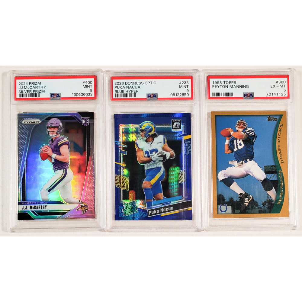 Lot of (3) J.J. McCarthy 2024 Prizm Silver PSA 9, 2023 Puka Nacua