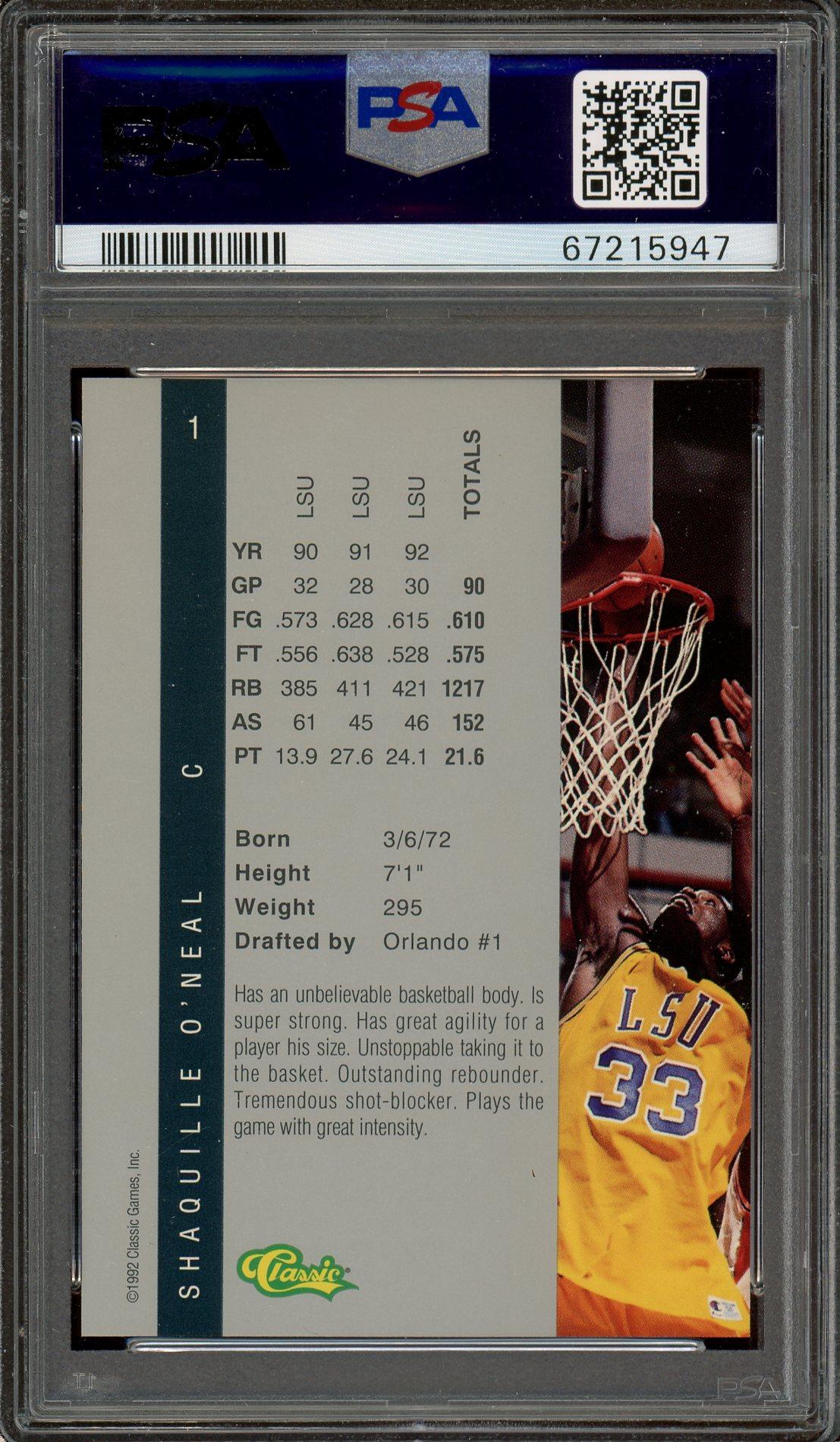 Shaquille O'Neal PSA Gem Mint 10 1992 Classic 4 Sport Rookie Card