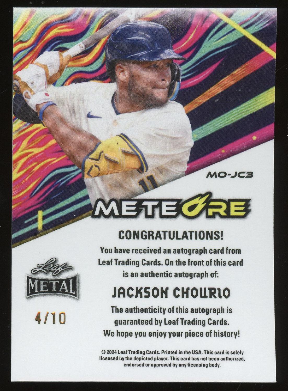 Jackson Chourio /10 Auto 2024 Leaf Metal Meteor Card | Auction of